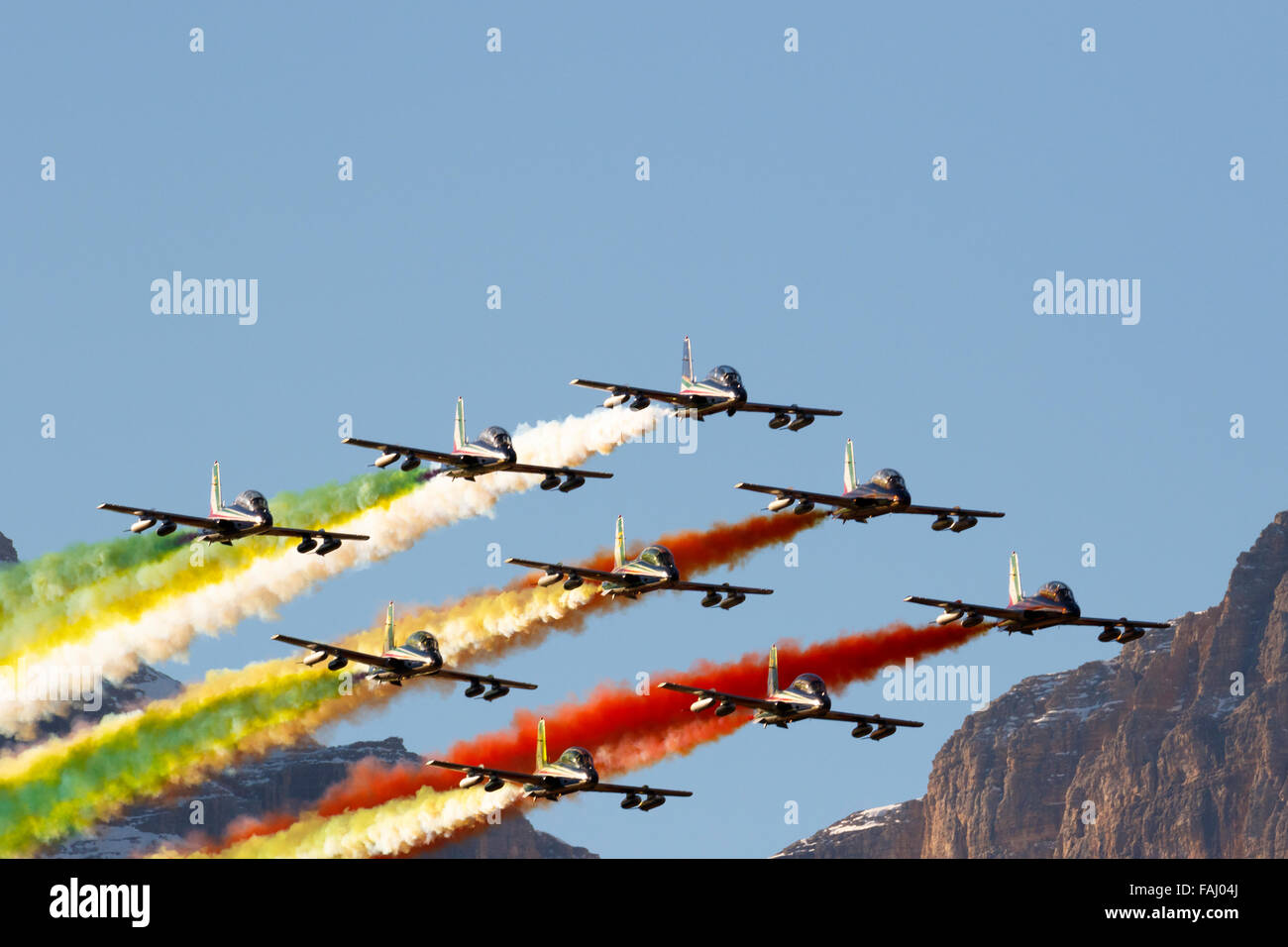 Italian special unit airforce 'Frecce Tricolori' (Tri-colour Arrows) spread smoke with the colours of the Italian flag Stock Photo