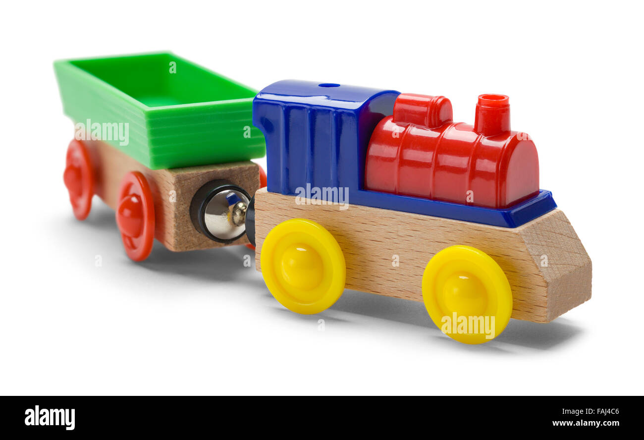 Kids Play Toy Train Engine and Car Isolated on a White Background. Stock Photo