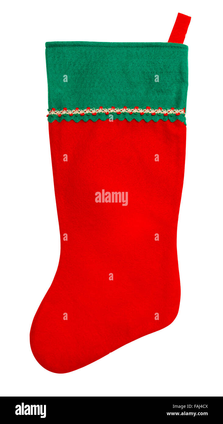 Red and Green Christmas Stocking with Copy Space Isolated on a White Background. Stock Photo