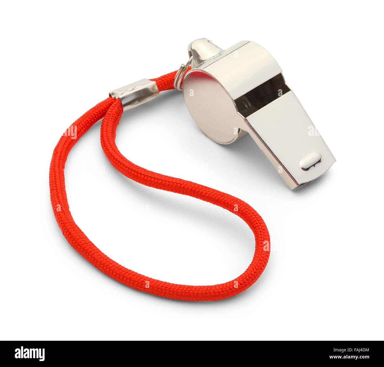 Coach Gym Whistle with Red Cord Isolated on White Background. Stock Photo