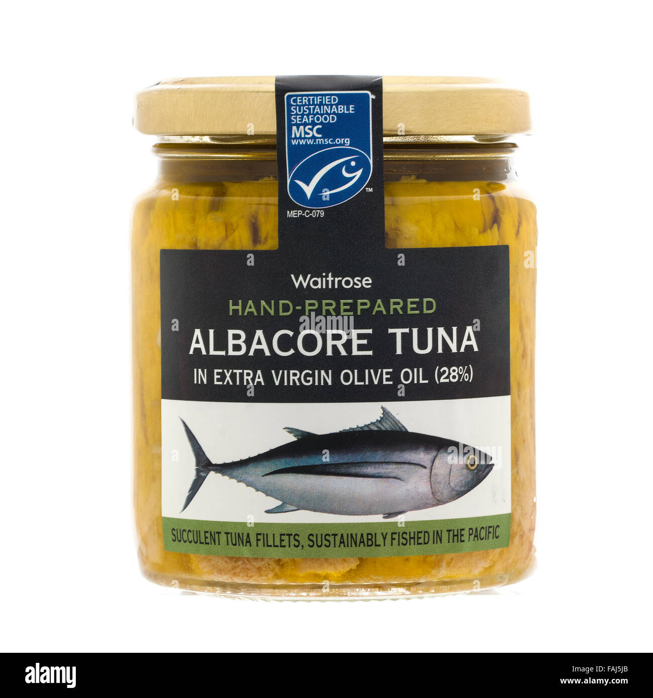 Jar Of Waitrose Hand Prepared Albacore Tuna on a White Background Stock Photo