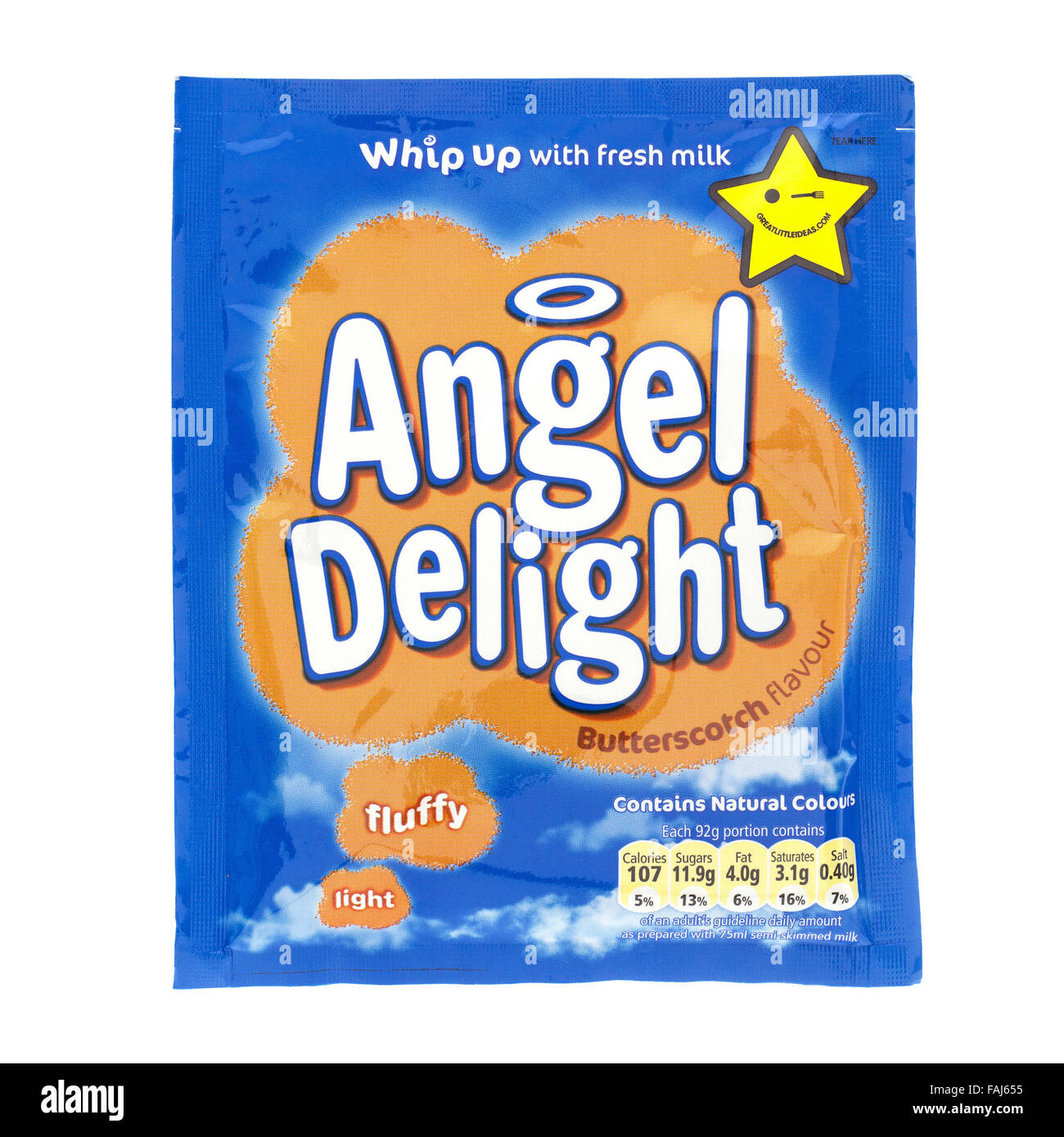 Butterscotch Flavour Angel Delight Mix, Angel Delight is a powdered dessert product produced in Stock Photo