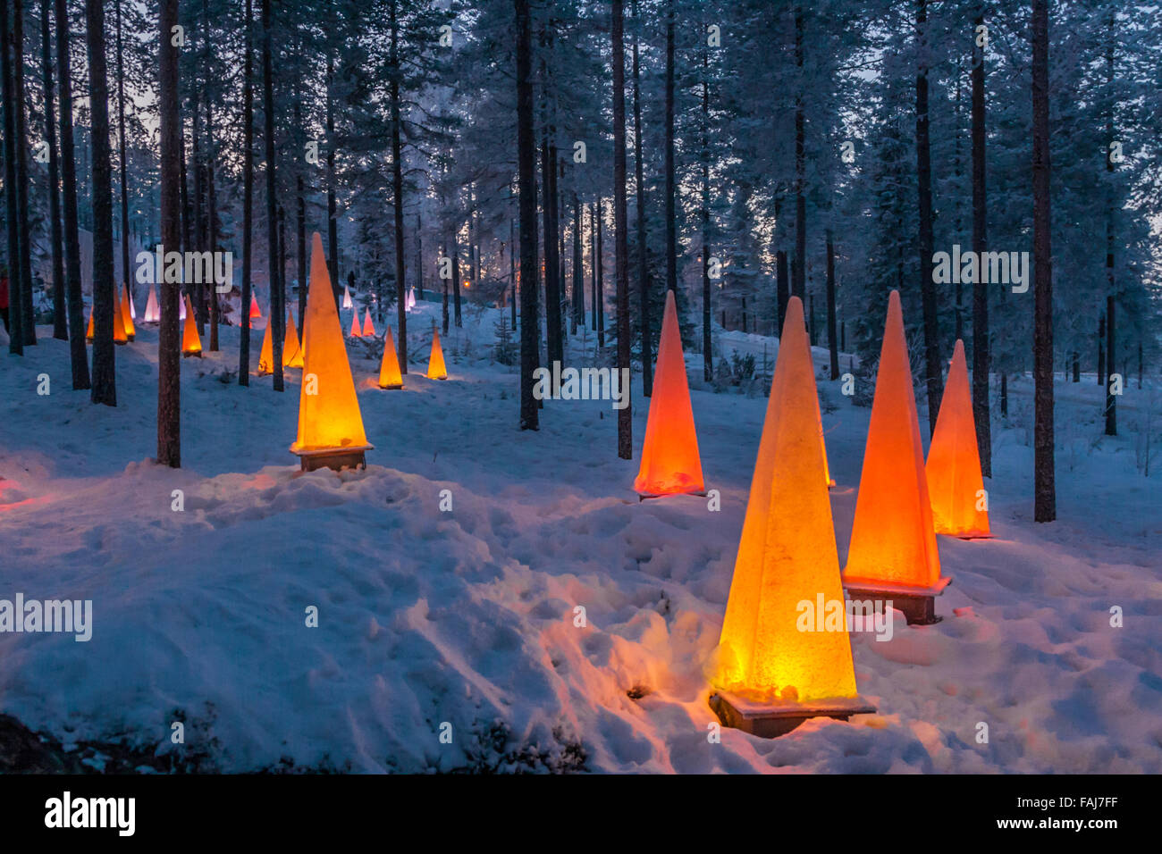 Forest near the Santa park: Winter scene with flashlights Stock Photo