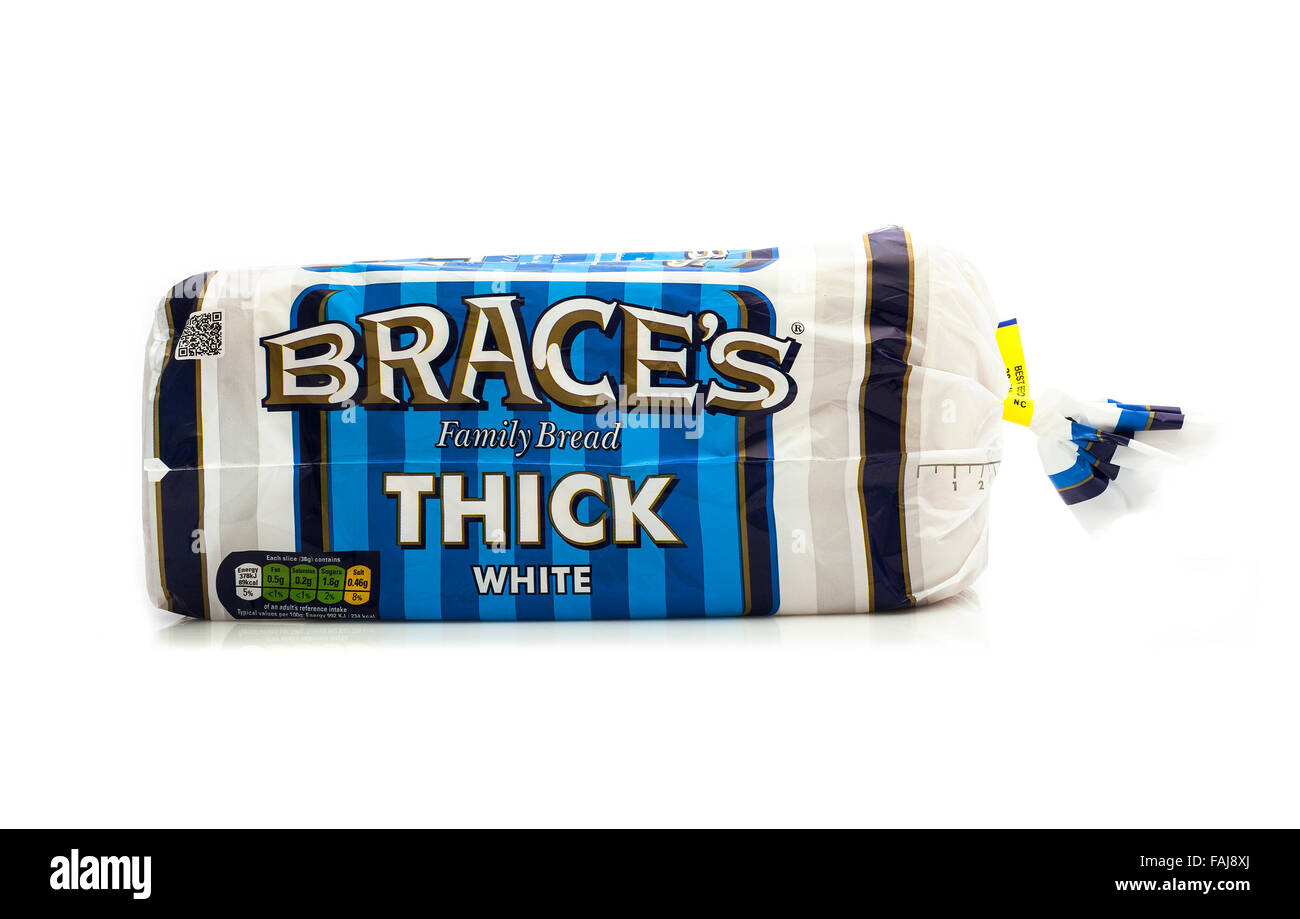 Loaf Of Braces Thick White Sliced Bread on a White Background, Brace's Bakery is based in Crumlin Wales Stock Photo