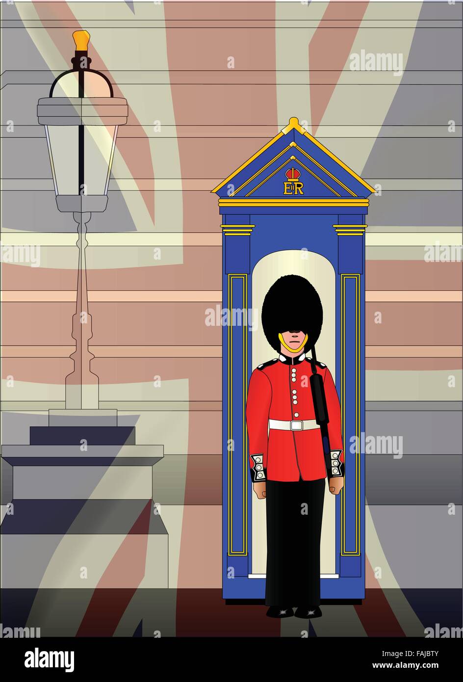 A soldier on duty outside the royal palace with a fade of the Union Jack flag Stock Vector