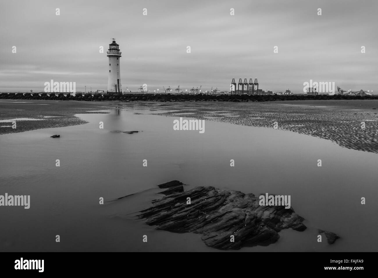 Fort Perch Rock lighthouse, New Brighton, Wirral, England, black and white Stock Photo