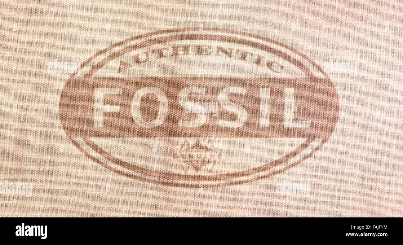 Fossil branding printed on a linen cloth bag Stock Photo