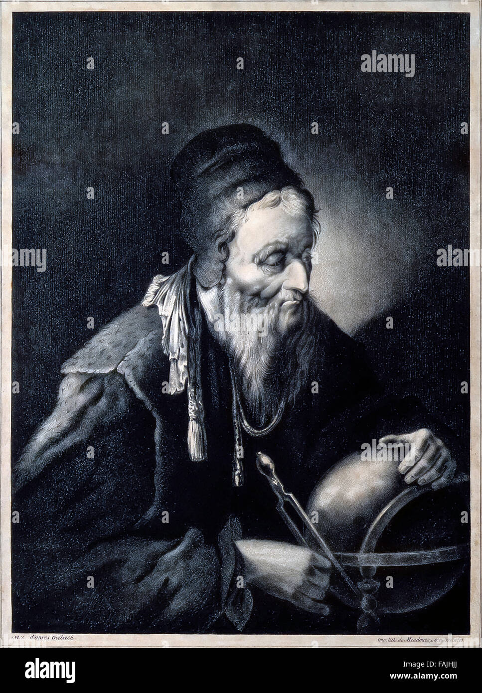 Nostradamus (1503-1566) with sphere and compass, lithograph by  Barthélemy-Louis de Mendouze published in 1831. See description for more information. Stock Photo