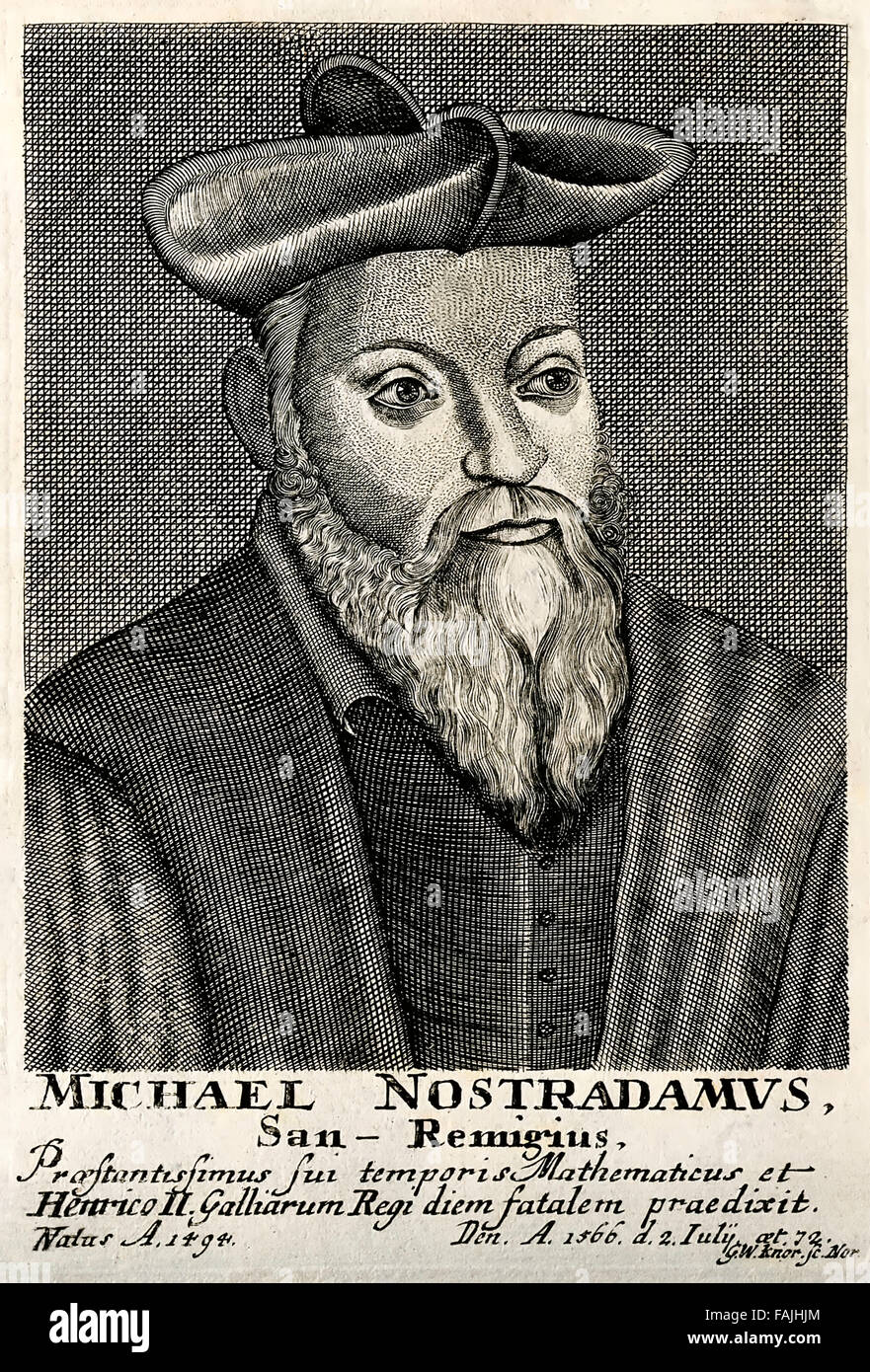 Portrait of Michel Nostradamus (1503-1566), engraving by G.W. Knorr. See description for more information. Stock Photo