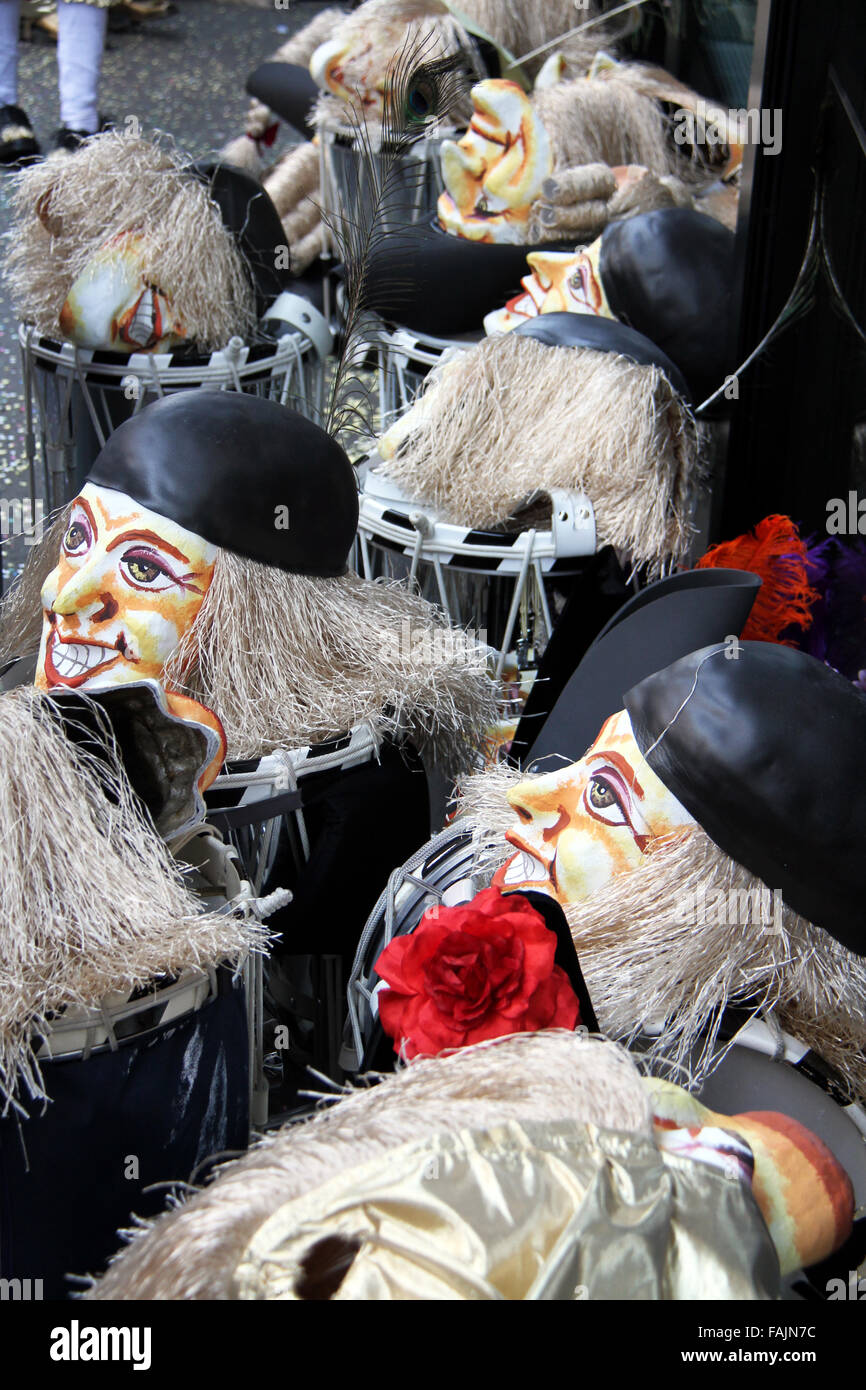 Basbl Masks Several Basel carnival masks showing smiling faces, gray hair and black ...