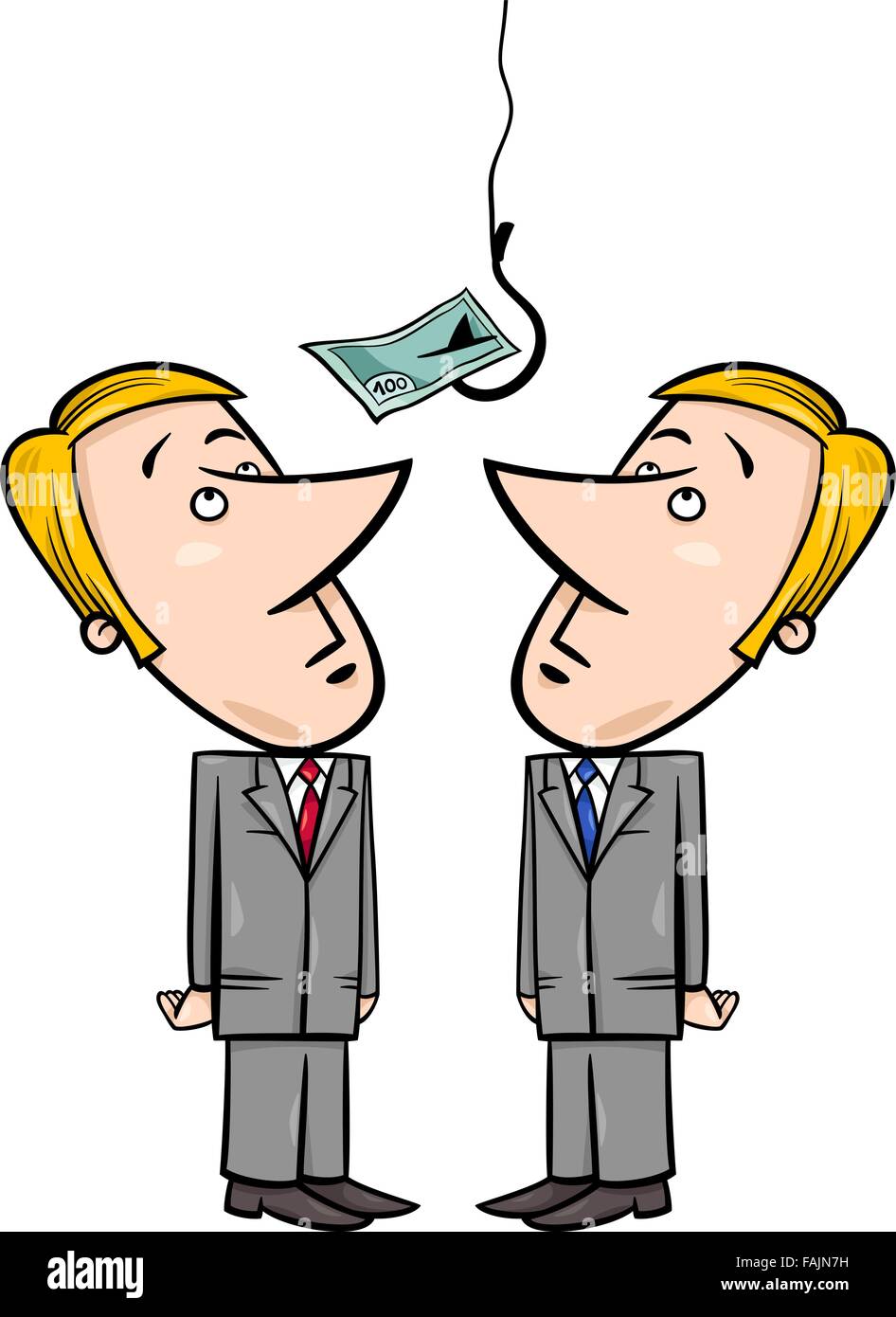 Concept Cartoon Illustration of Two Businessmen Looking up on Money Bait on Fishing Hook Stock Vector