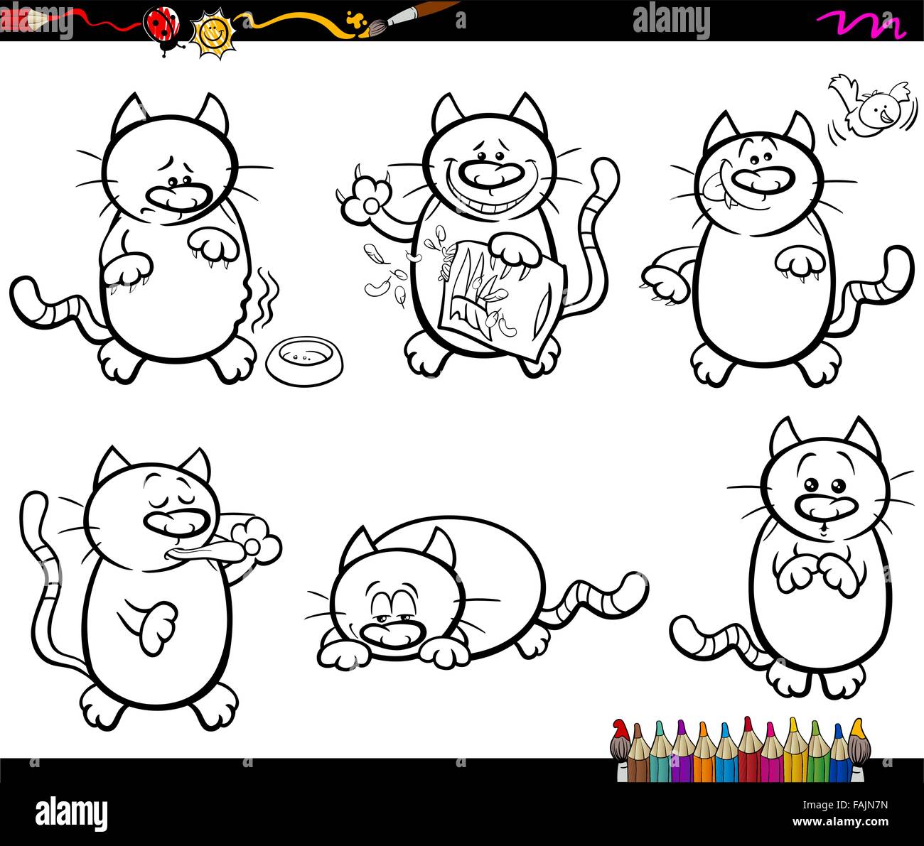 Black and White Cartoon Illustration of Cute Cats Animal Characters Set for Coloring Book Stock Vector
