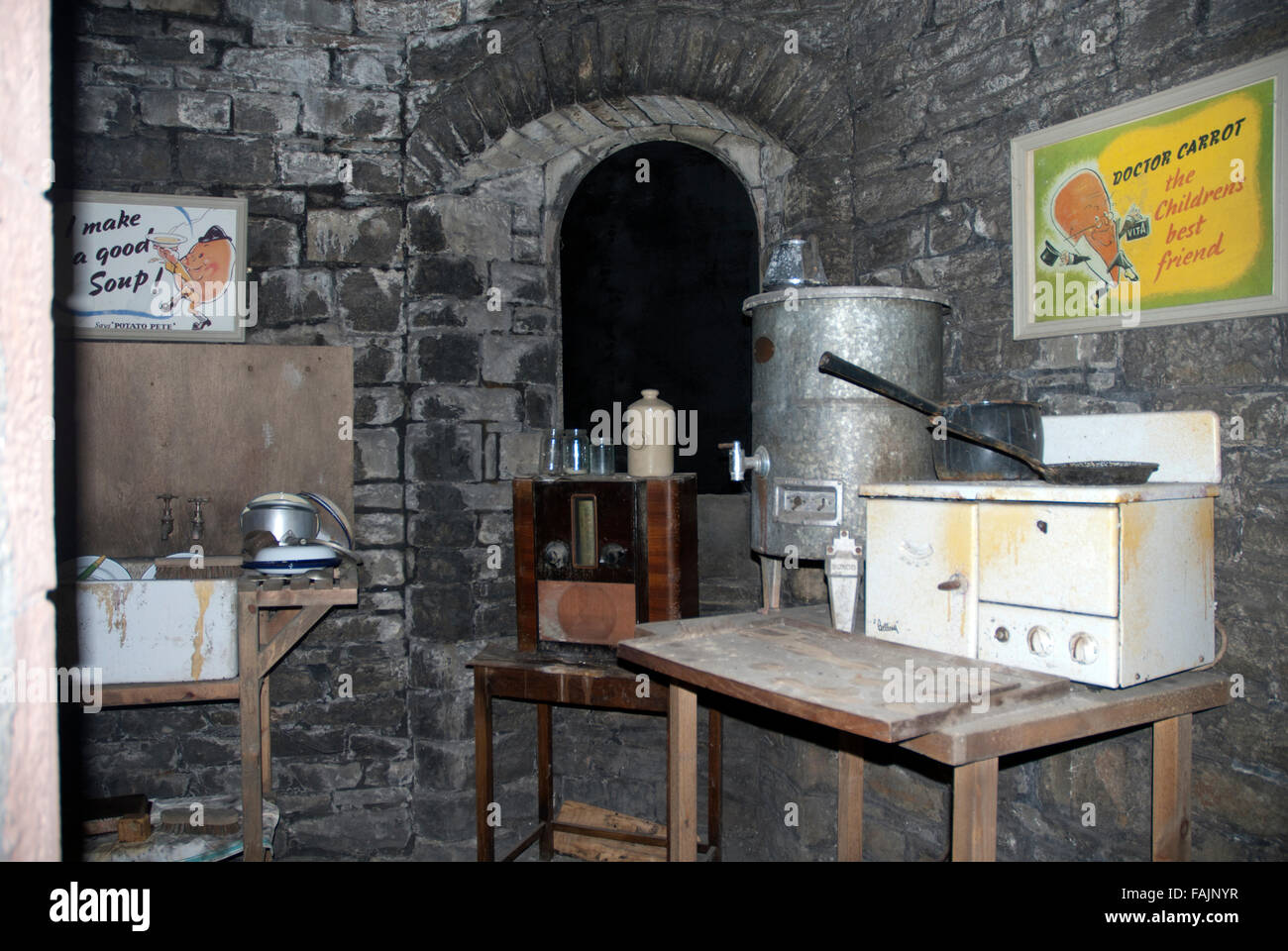 Nineteen forties wartime kitchen Cardiff Castle, Cardiff, Wales UK Stock Photo