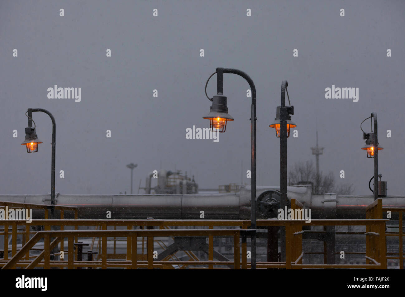 metal industrial staircase design twilight lanterns Stock Photo