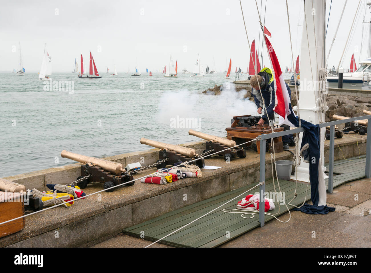The starting canon or gun at the Cowes Week Yacht racing at Cowes on the Isle of Wight UK Stock Photo