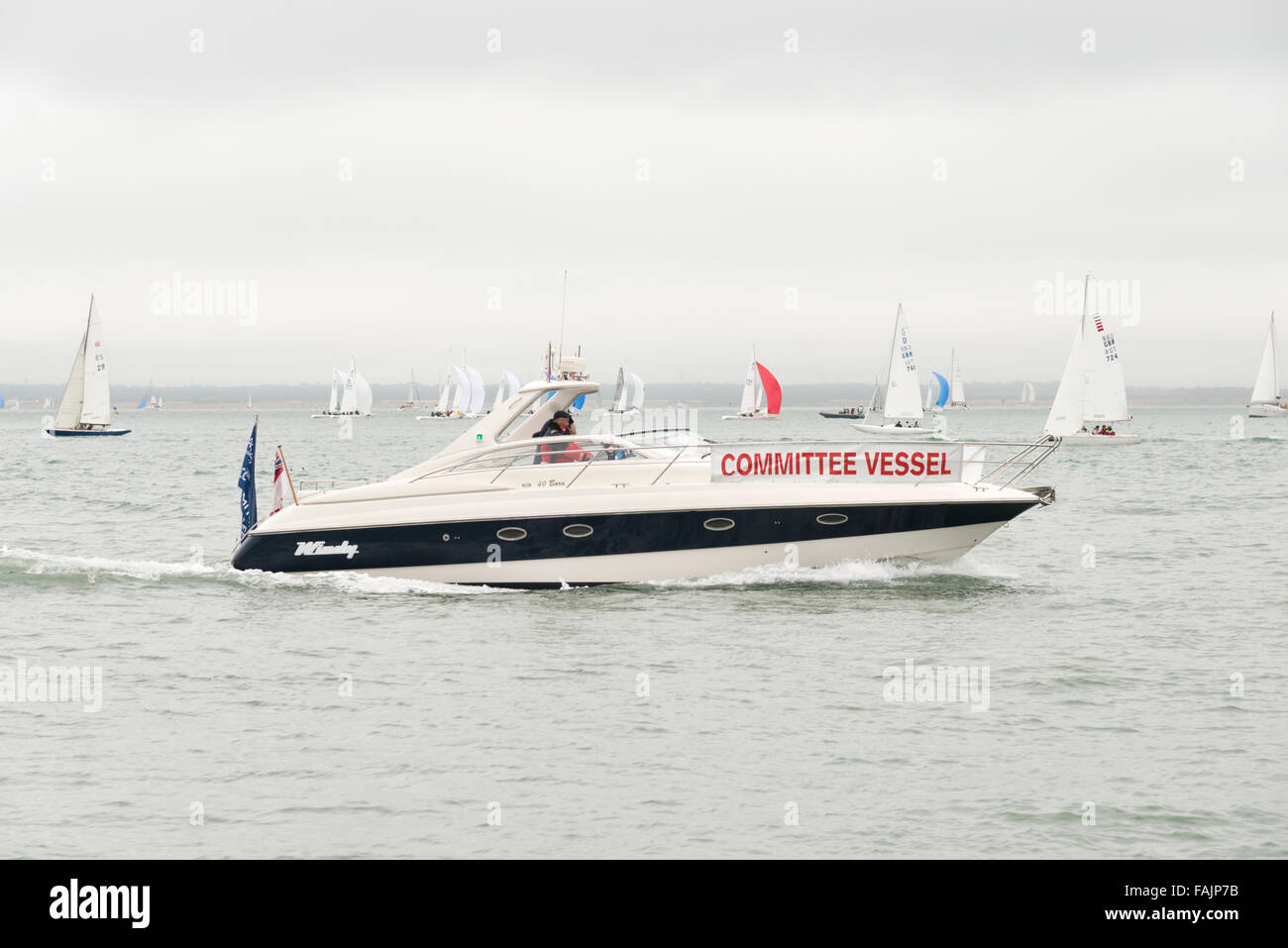 A committee vessel boat at the Cowes Week yacht races Isle of Wight UK Stock Photo