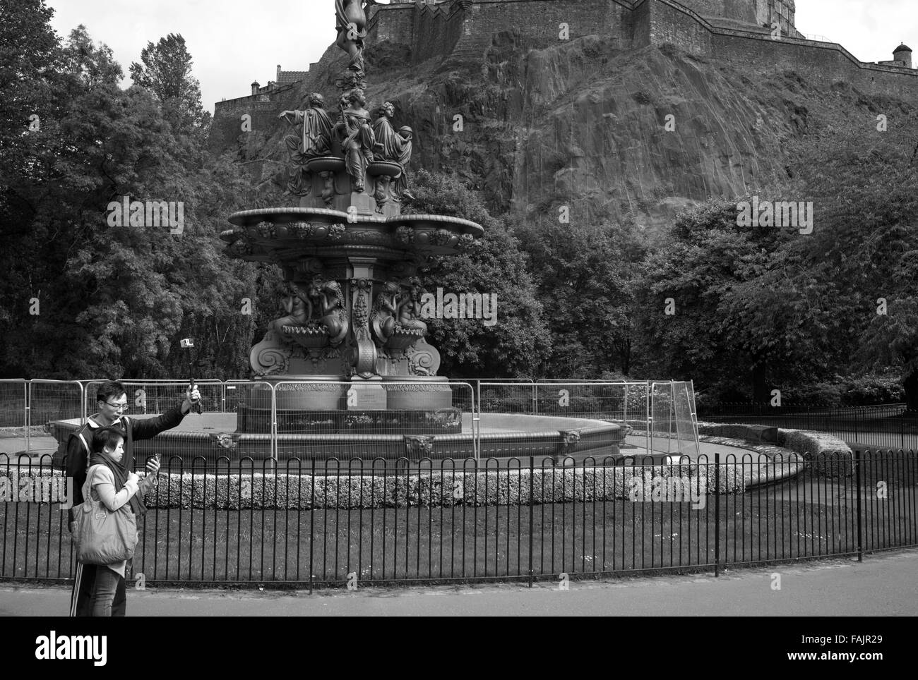 Selfie next to  Ross fountain in Princes Street Gardens, Edinburgh Stock Photo