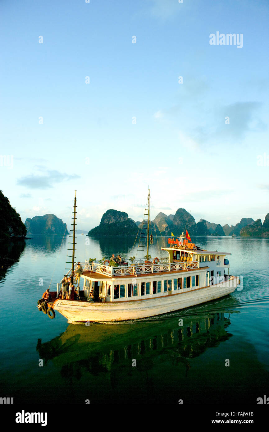 Tourist boat and limestone karst in Ha long, Halong Bay, Vietnam, Ha long, Halong Bay, Vietnam Stock Photo