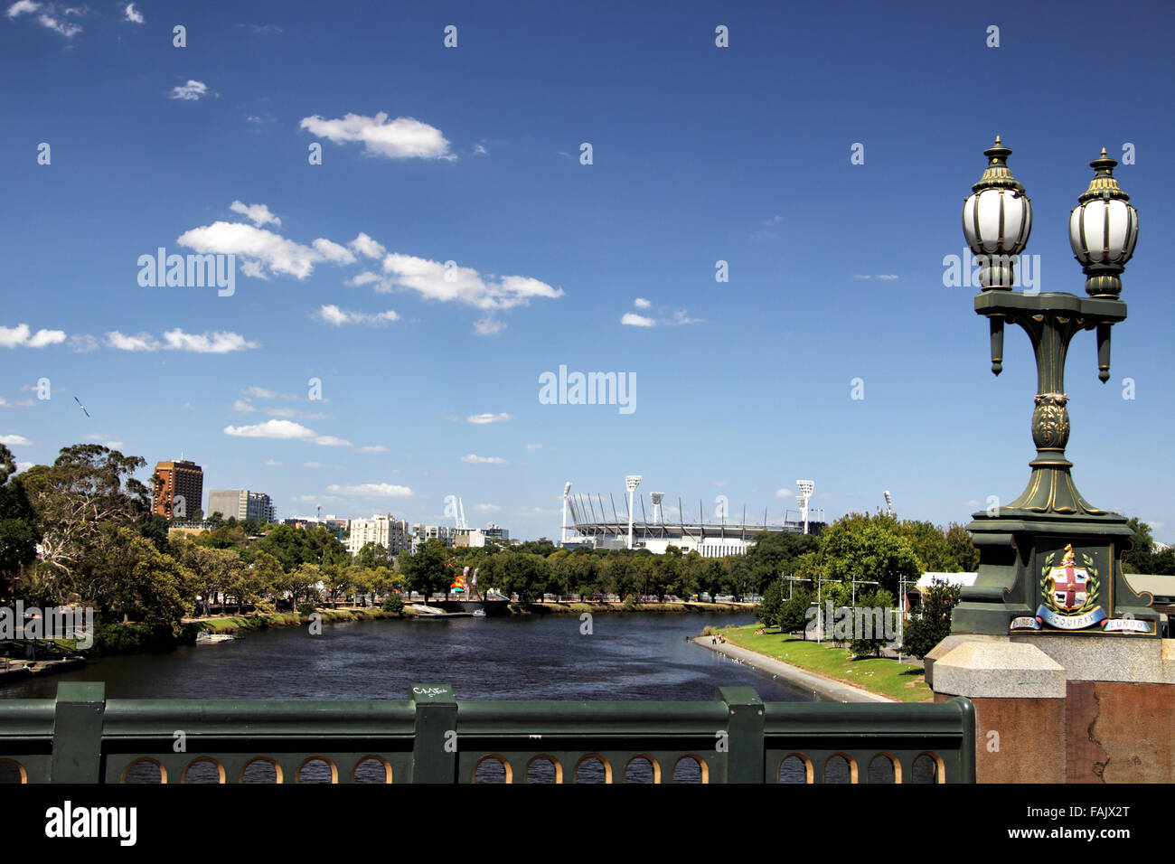 Yarra River and Melbourne Cricket Ground in downtown Melbourne, Victoria, Australia, on a sunny summer day. Stock Photo