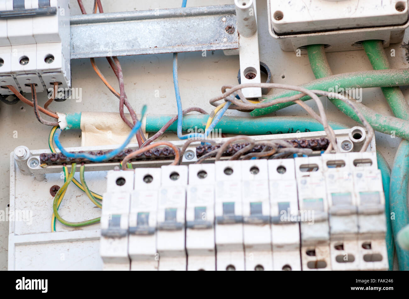 Faulty electrical fuse box Stock Photo