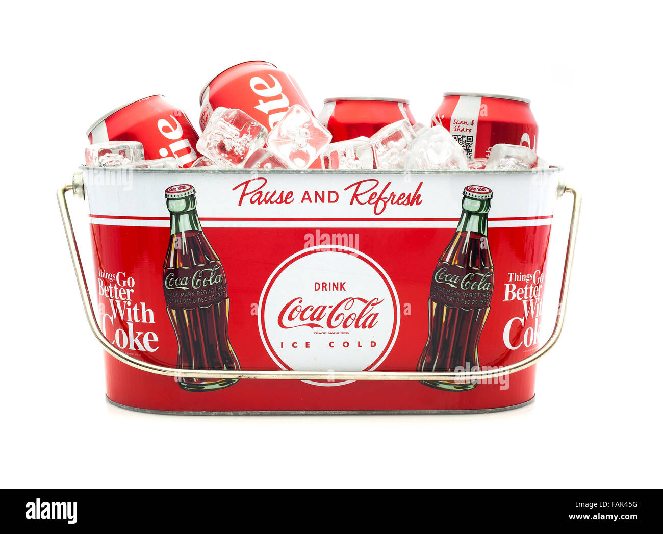 Cold Coca-Cola Cans in a Coca-Cola Ice bucket on a white background Stock Photo