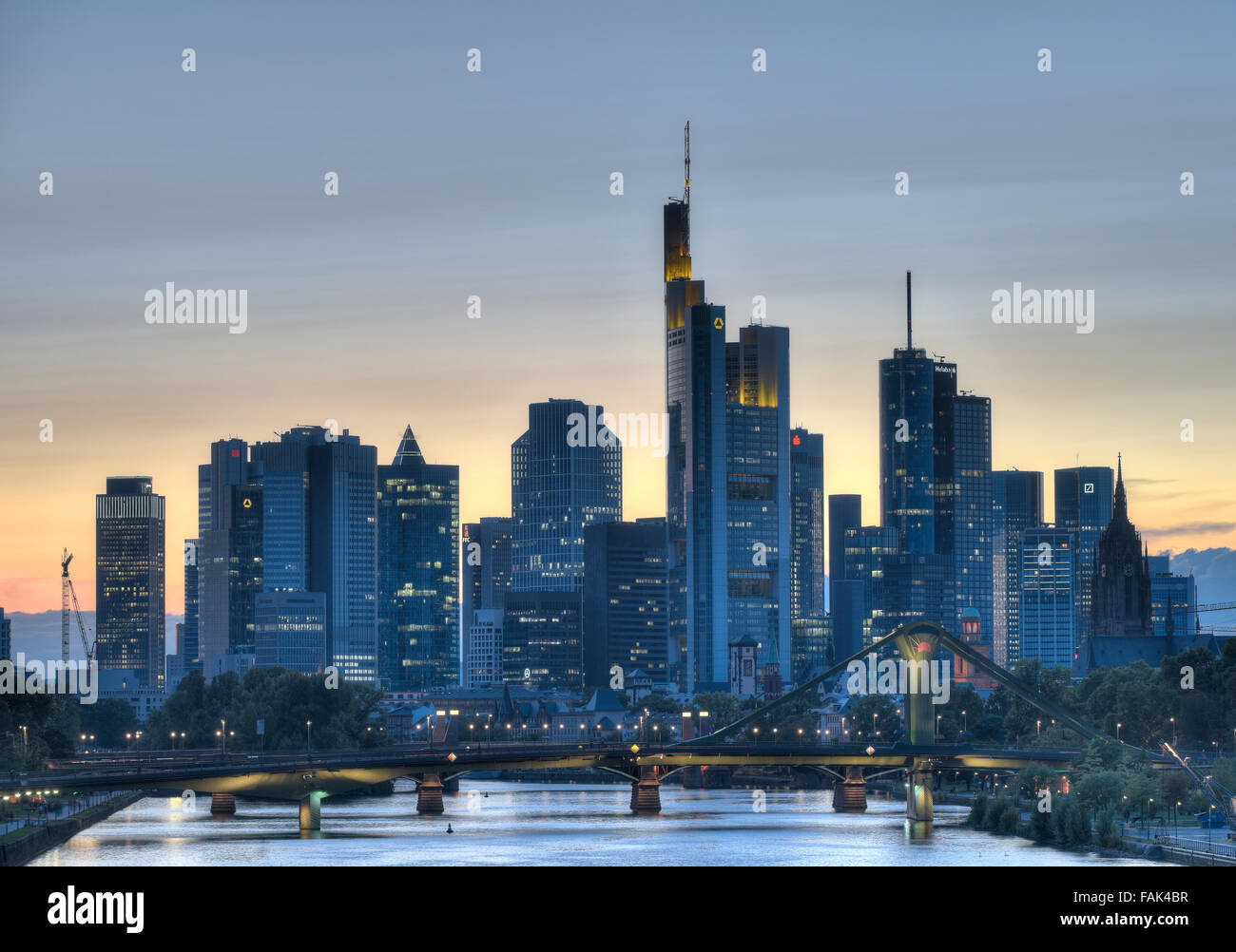 Skyline, Financial District at dusk, TaunusTurm, Tower 185, Commerzbank, Messeturm, Helaba Landesbank Hessen, German Bank Stock Photo