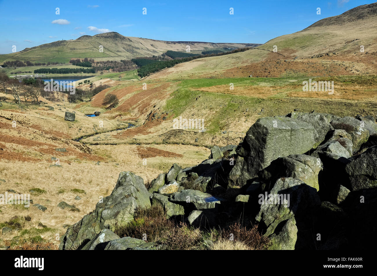 View of hills around Dovestones reservoir in Greater Manchester, England. Stock Photo