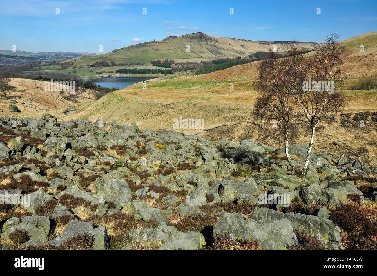 View of hills around Dovestones reservoir in Greater Manchester, England. Stock Photo