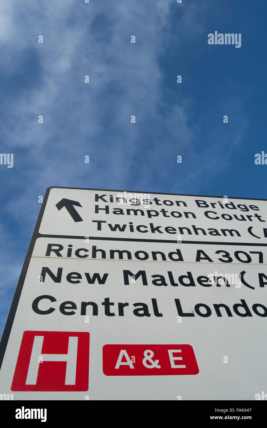 road signage for a hospital with a&e department, kingston upon thames