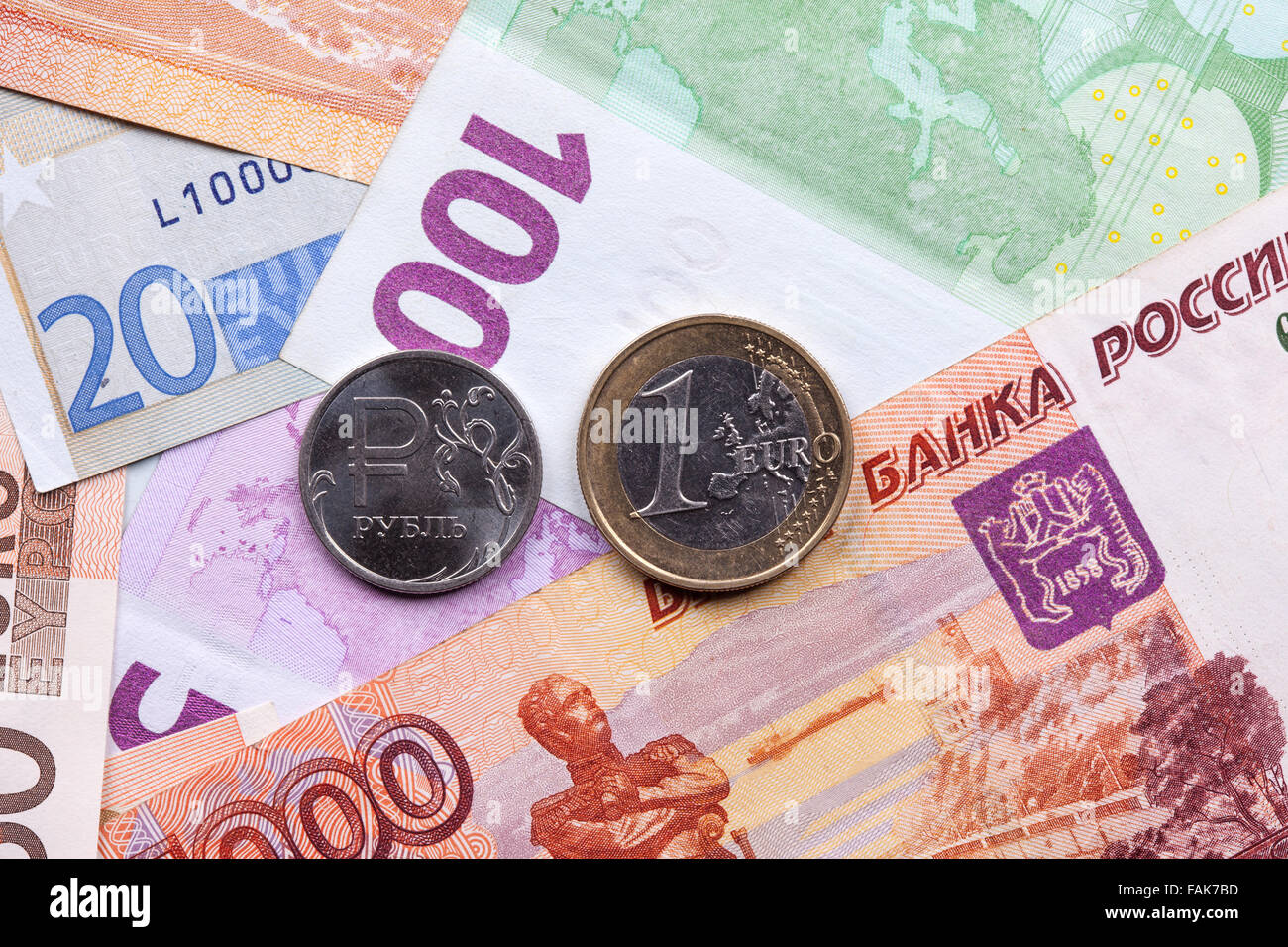 ruble euro coins and banknotes close up Stock Photo - Alamy