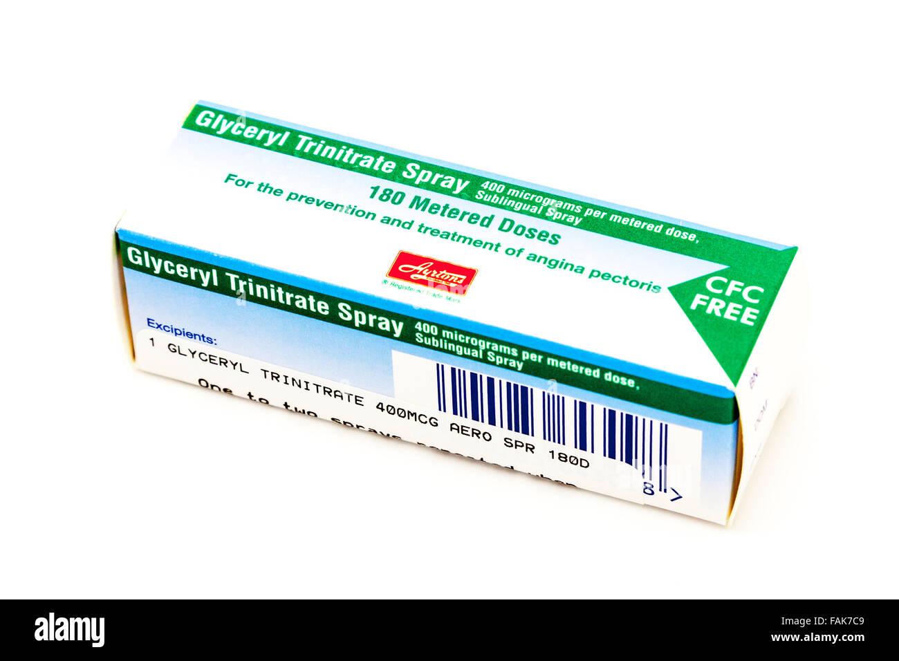 Glyceryl Trinitrate spray GTN Angina chest pain treatment treat box medical medicine medicines mg oral pack packs pharmaceutical Stock Photo