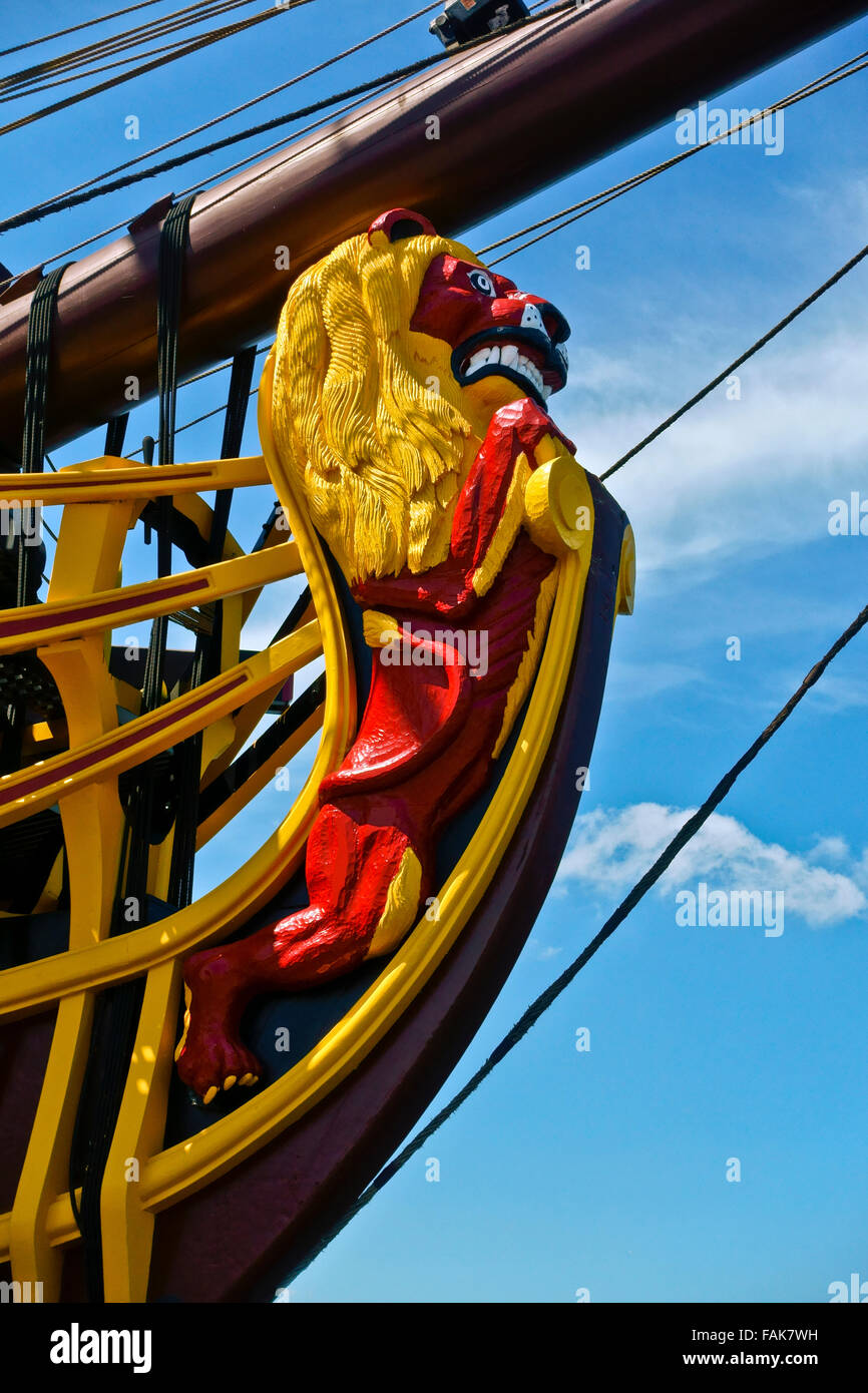 VOC ship, Vereenigde Geoctroyeerde Oostindische Compagnie. Amsterdam, Holland, Netherlands, Europe, EU. Replica, fake, imitation. Close up, detail. Stock Photo