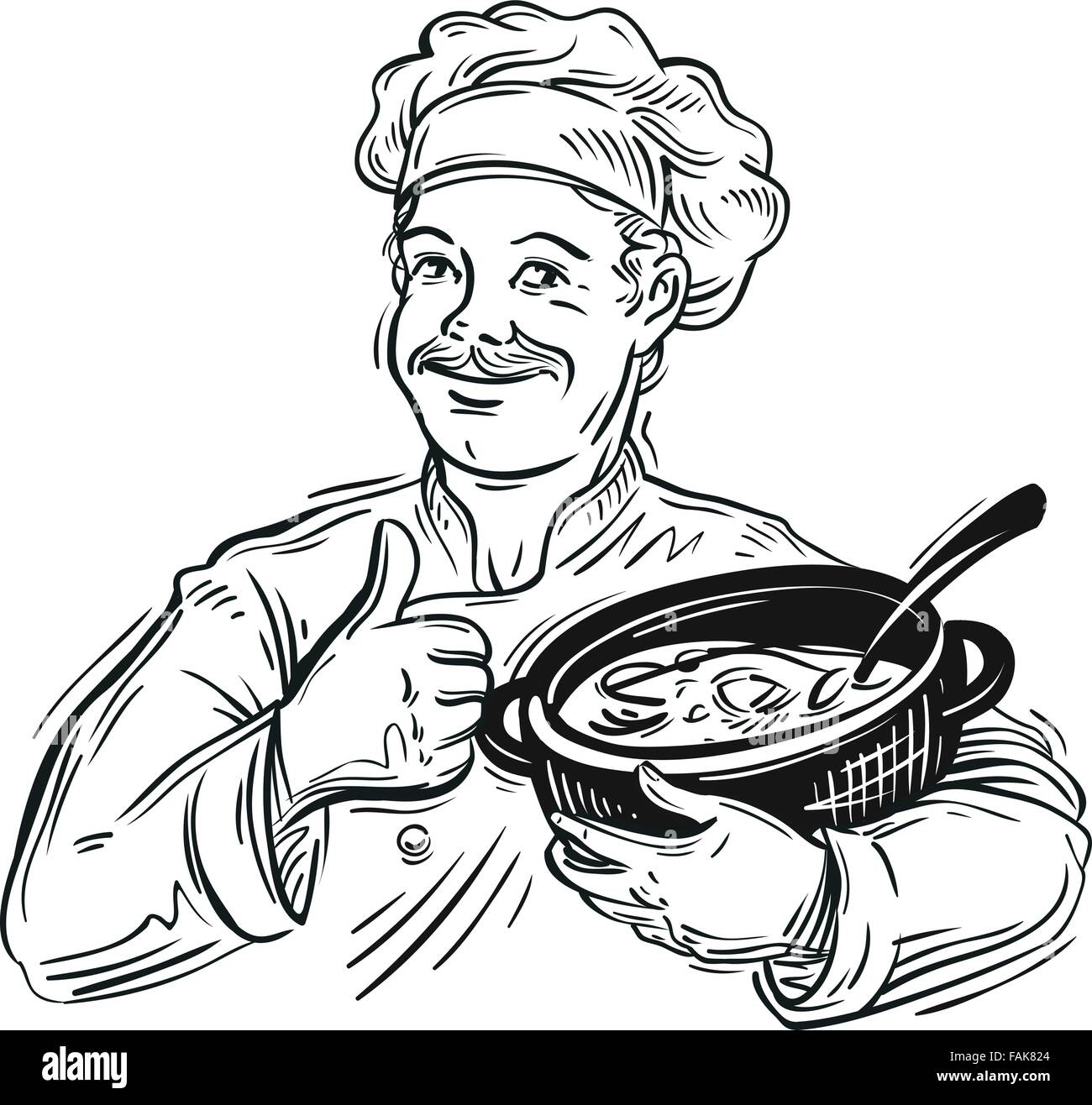 hand-drawn chef with a pot in his hand. vector illustration Stock Vector