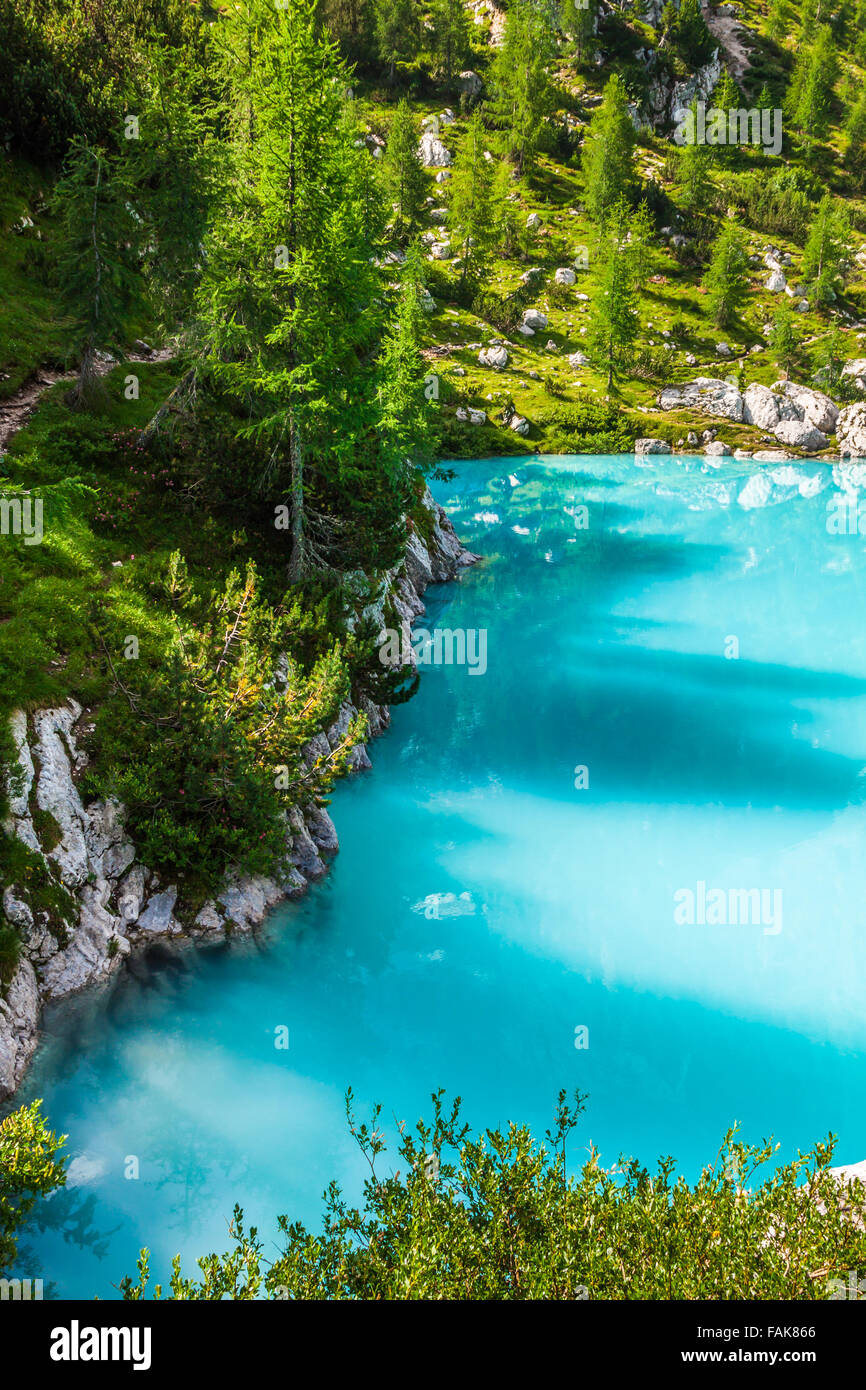 Alpin lake Sorapis Italian Dolomites stunning landscape Stock Photo