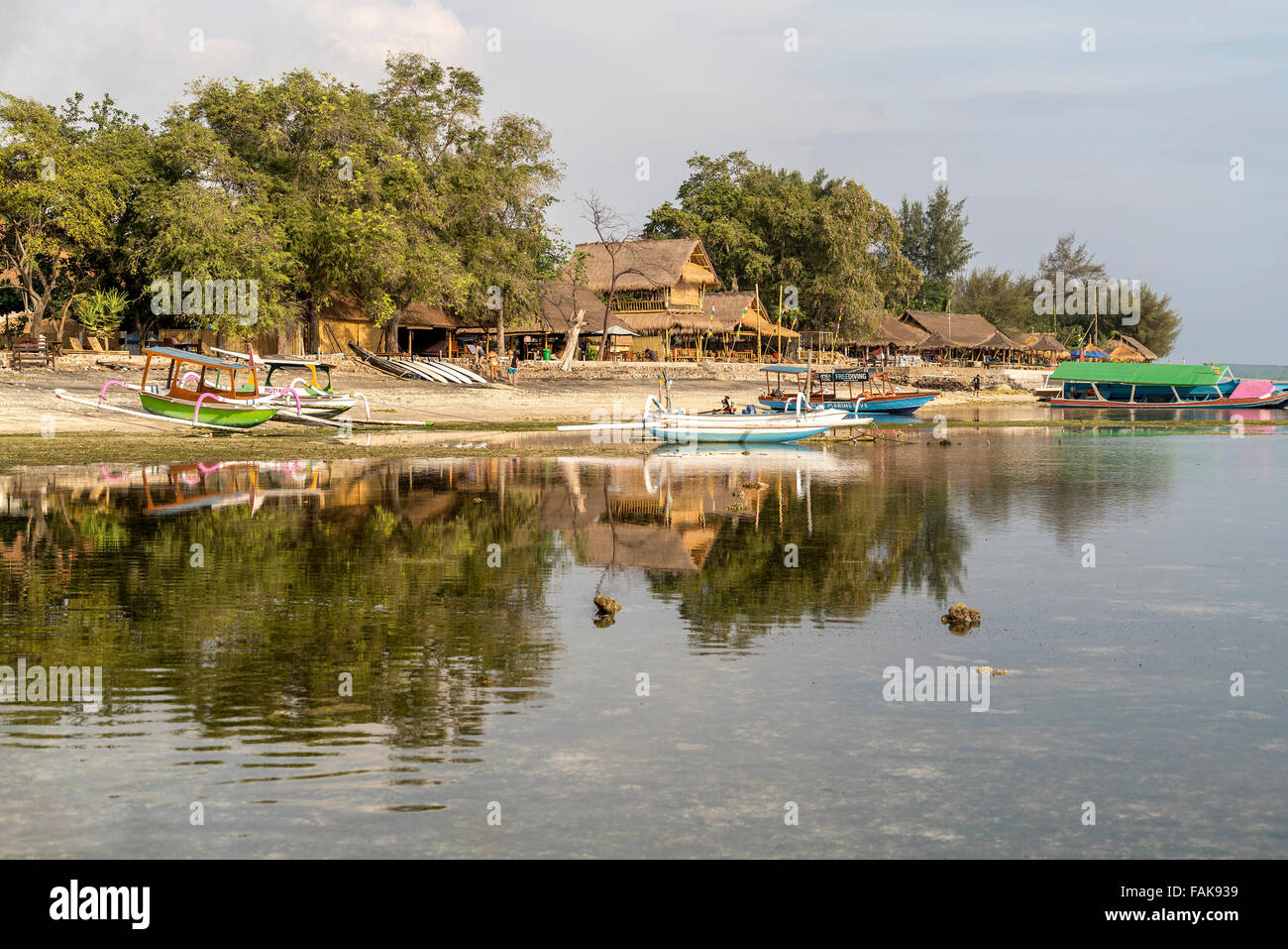 outrigger canoes at the beach on the small island Gili Air, Lombok, Indonesia, Asia Stock Photo