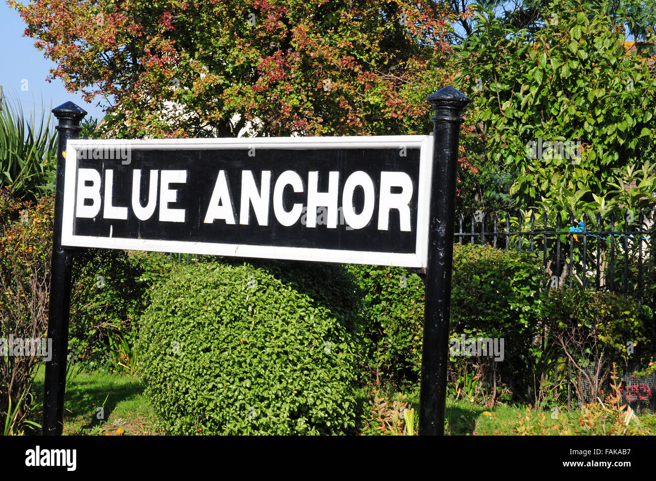 Sign for Blue Anchor Station, West somerset Steam Railway. Stock Photo