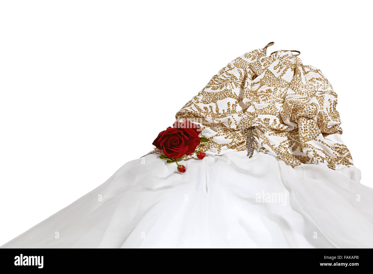 White formal dress with gold sequins and a rose with rose buds isolated on  white Stock Photo - Alamy