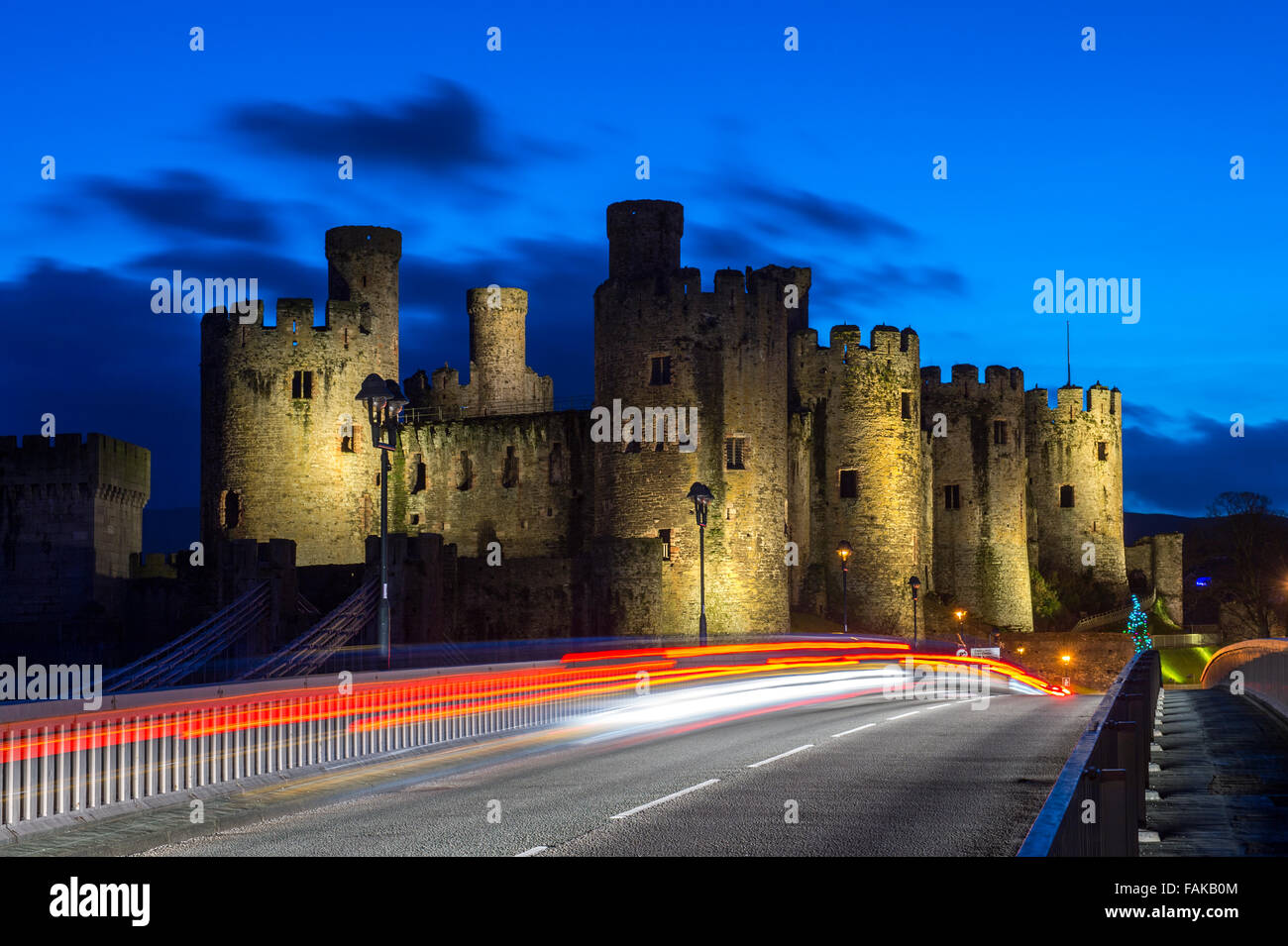 Conway Conwy Castle with light trails at night, Gwynedd,North Wales, UK Stock Photo