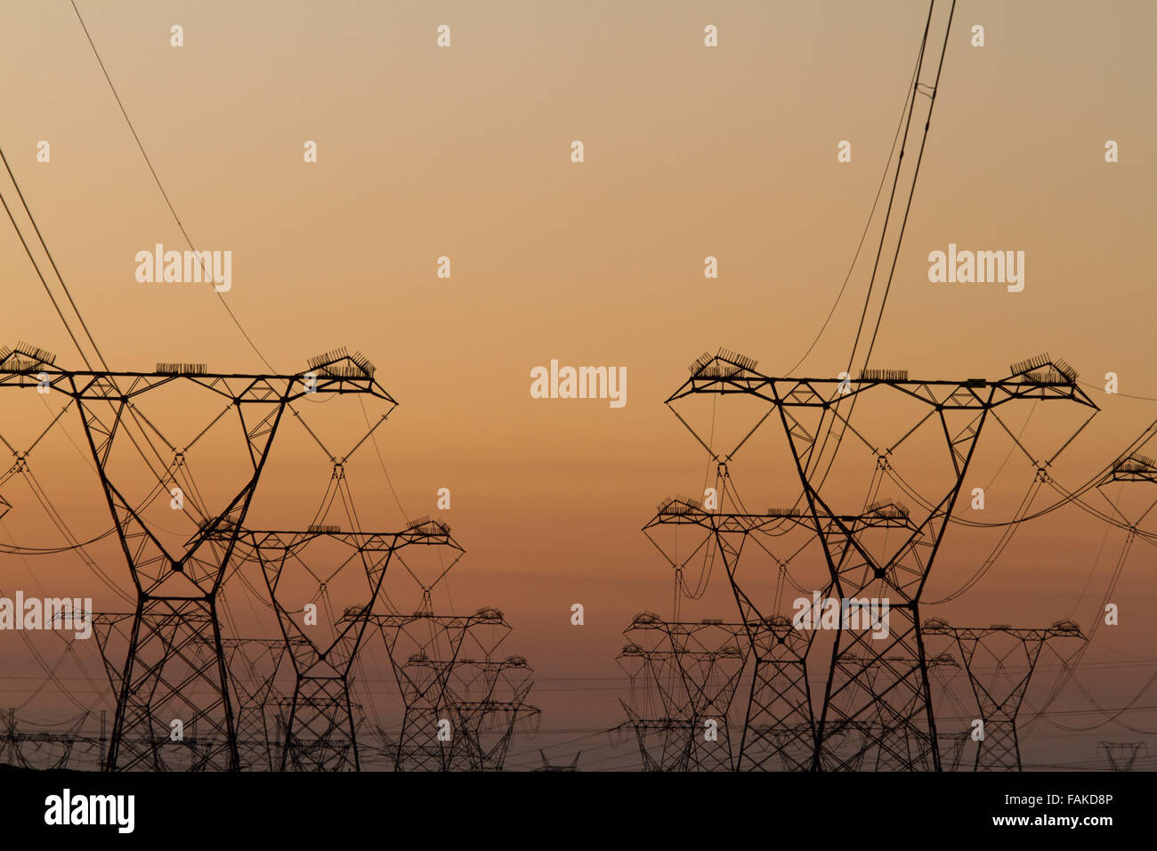 Electricity pylons at sunset Stock Photo