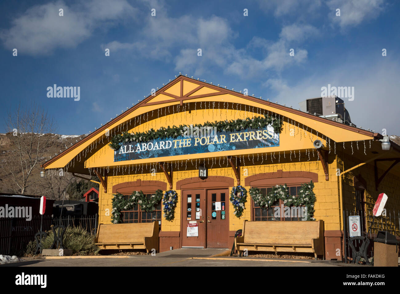Golden, Colorado - The Colorado Railroad Museum, decorated for the Christmas holidays. Stock Photo