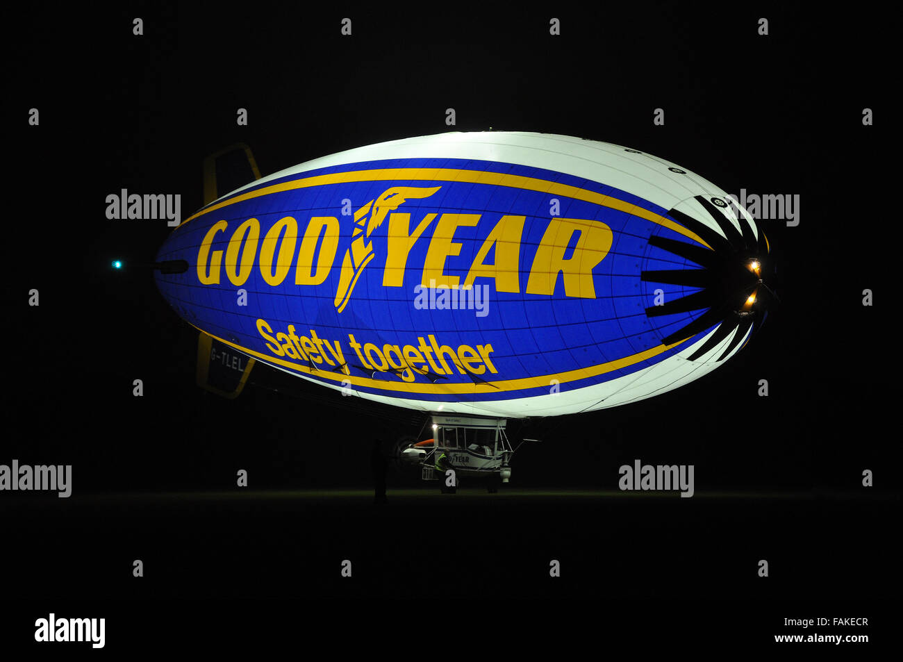 Goodyear Blimp, Spirit of Safety I, built by American Blimp Corporation registered G-TLEL and owned by Lightship Europe Ltd. Landing after filming Stock Photo
