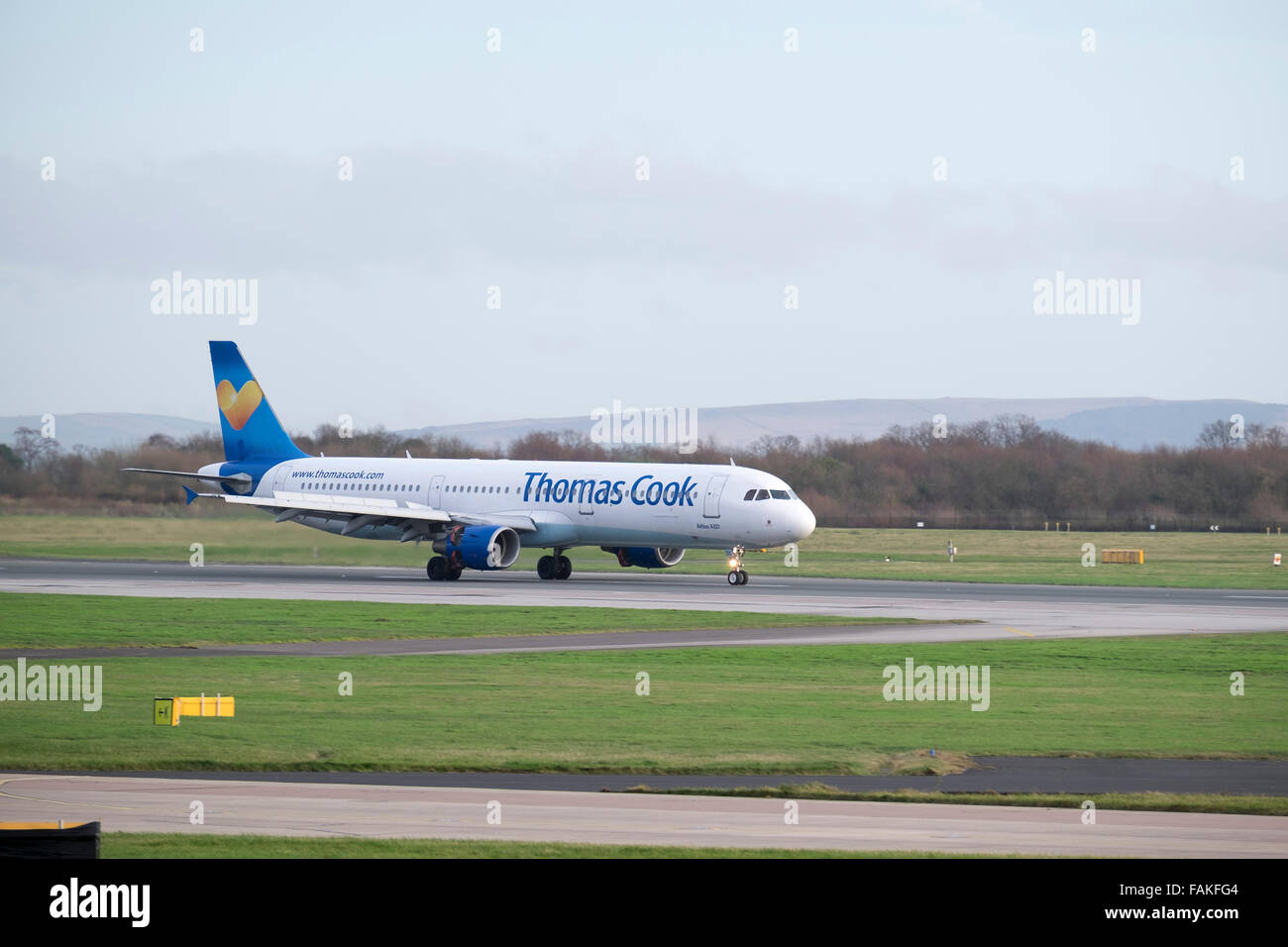 Passenger Plane prepares for take off at manchester Airport. Uk Stock Photo