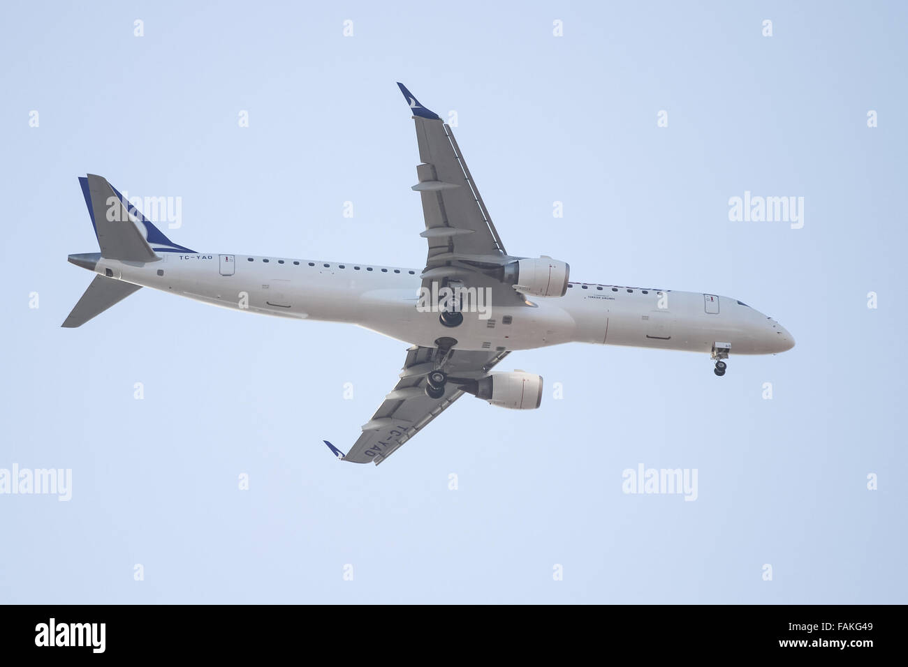 AnadoluJet Airlines Embraer ERJ-195LR (CN 19000084) landing to Sabiha Gokcen Airport. Stock Photo