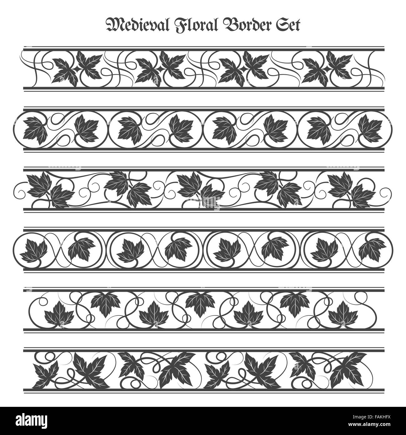 Vintage ornate floral border set. Leaves and swirls pattern in baroque style. Isolated on white. Stock Vector