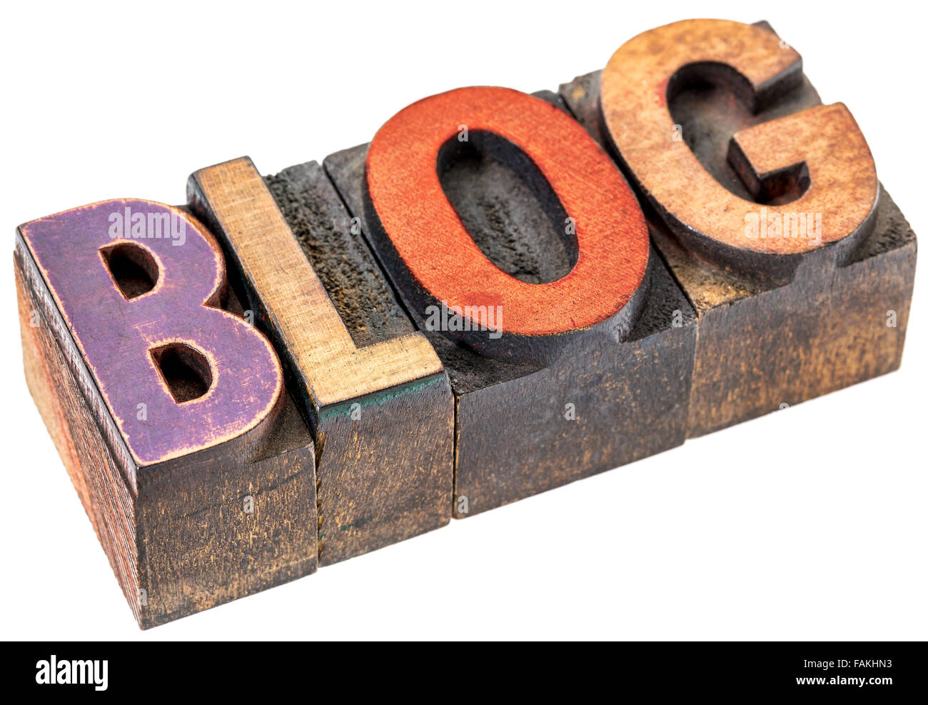 blog word abstract - an isolated banner in vintage letterpress wood type blocks stained by color inks Stock Photo