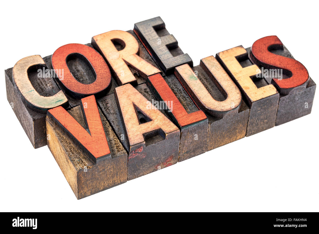 core values abstract an isolated banner in vintage letterpress wood
