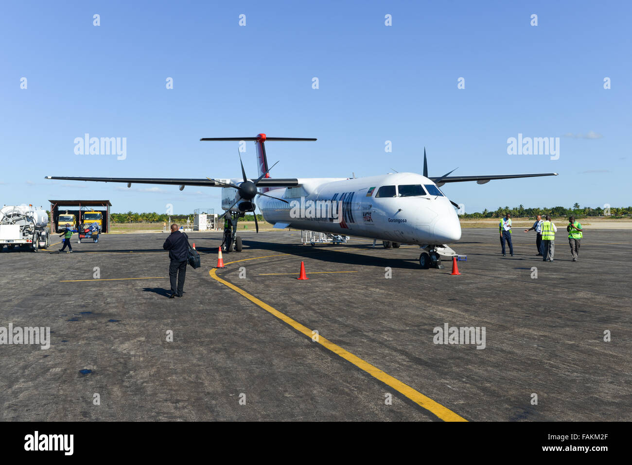 Vilankulo, Mozambique - July 4, 2012: An airplane of LAM, the Mozambique airline, at Vilankulo Airport on the runway. Stock Photo