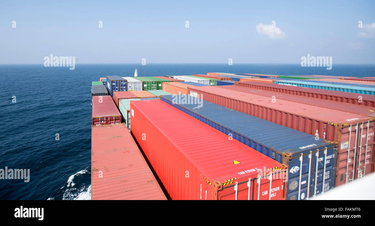 Containers stacked in the bow of Corte Real container ship, one of the largest container ships in the world. Stock Photo