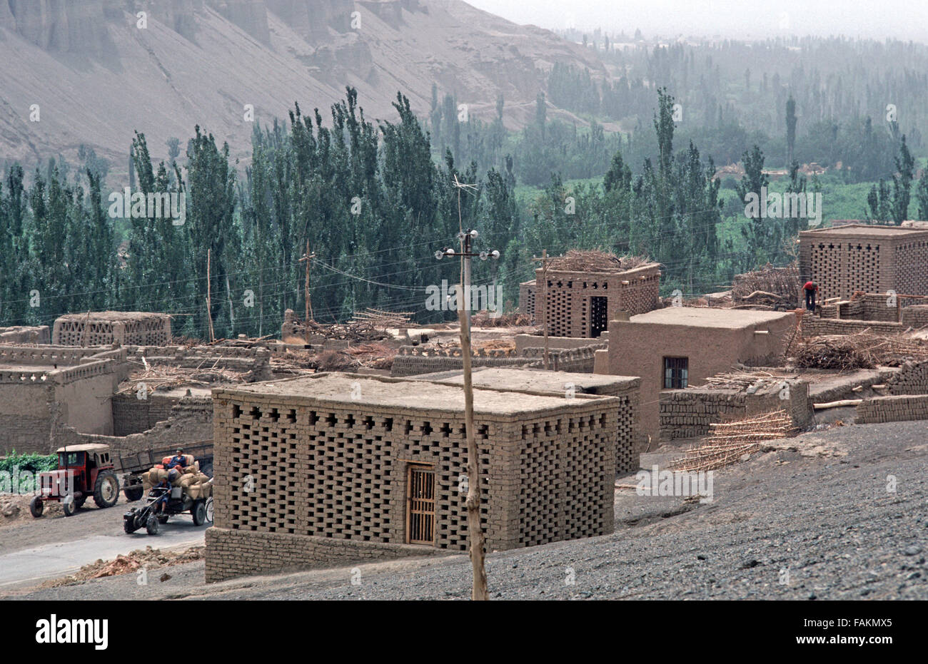 Grape storehouses made out of mud with gaps in bricks to air dry grapes in wine growing area around Turpan, Xinjiang Province, China Stock Photo