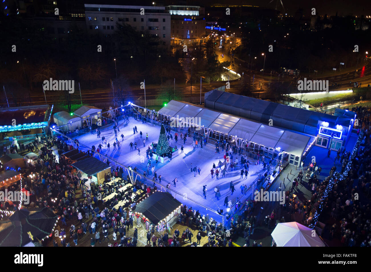 Aerial view of Winter Wonderland in at Christmas in Cardiff, South Wales. Stock Photo